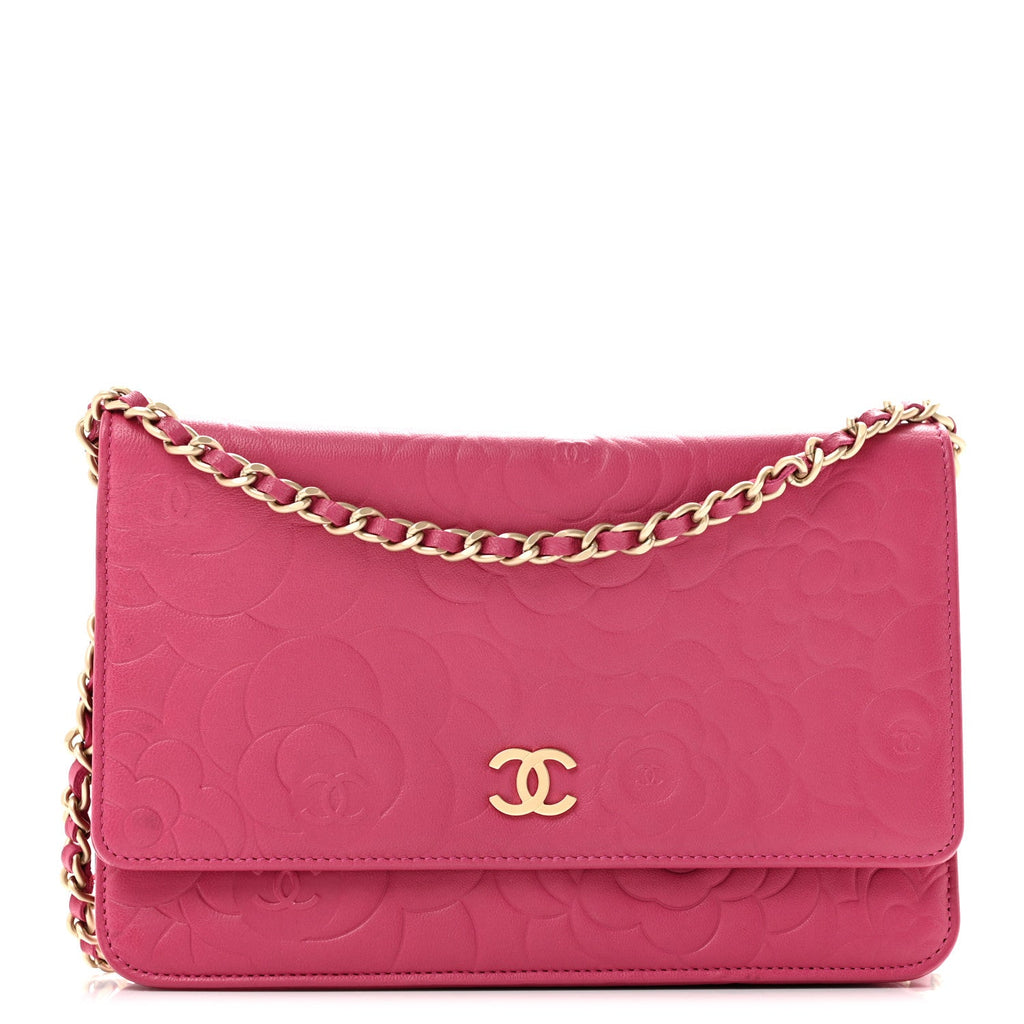 Lambskin Camellia Embossed Wallet on Chain WOC Fuchsia