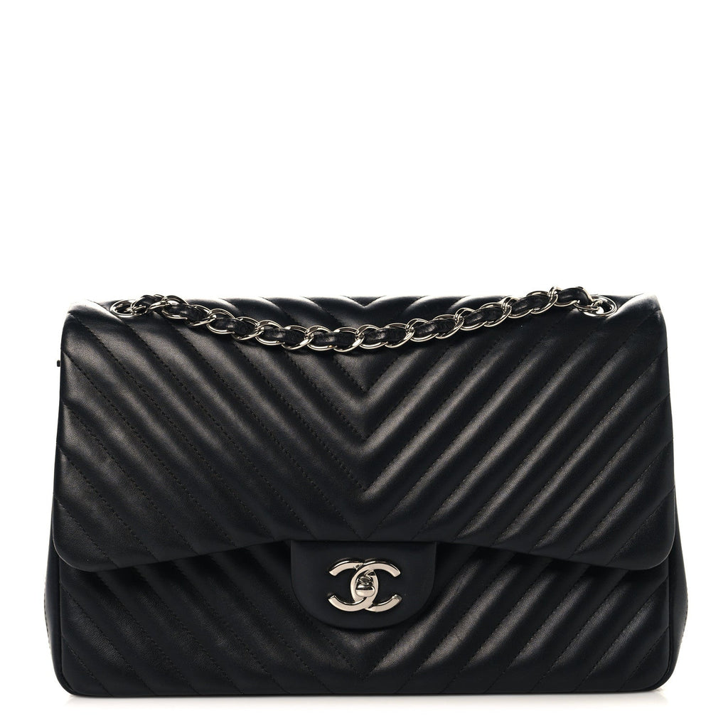 Lambskin Chevron Quilted Jumbo Double Flap Black