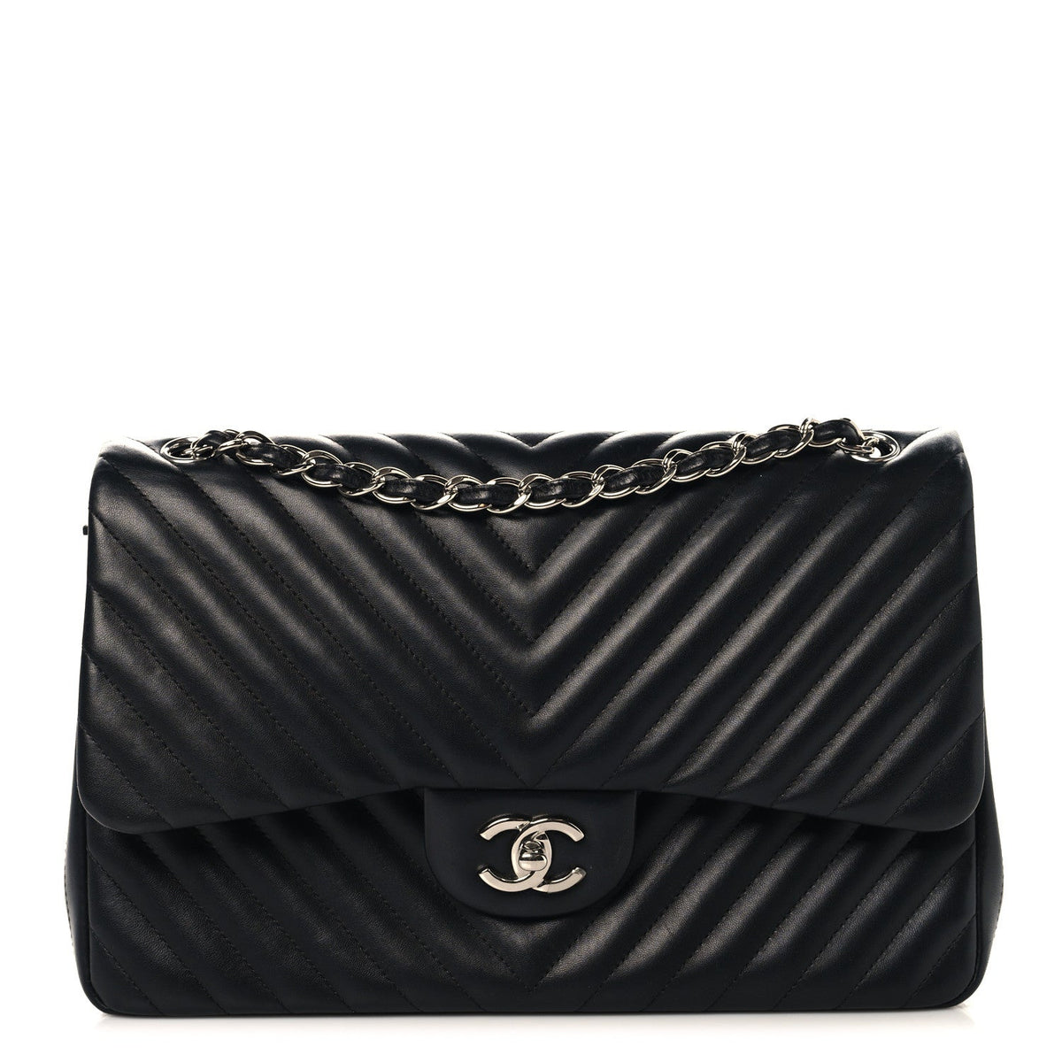 Lambskin Chevron Quilted Jumbo Double Flap Black