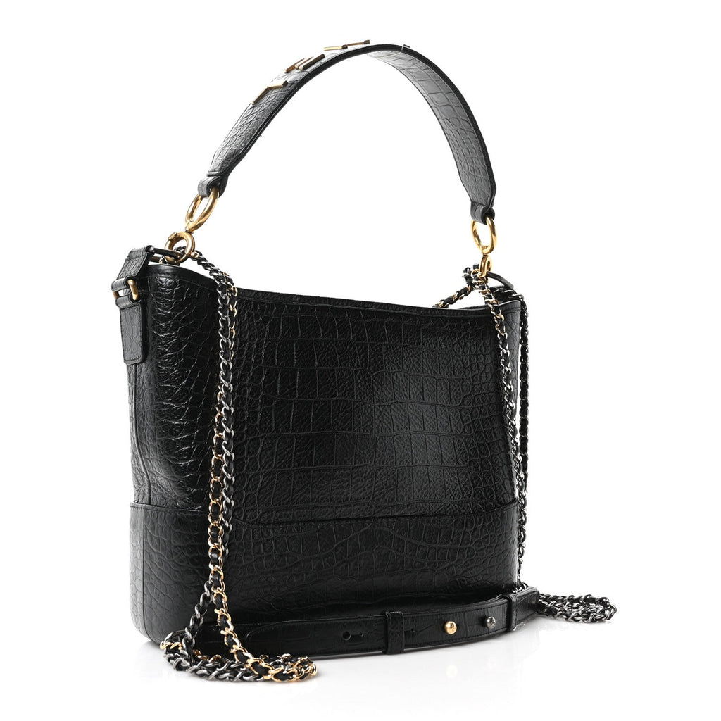 Crocodile Embossed Calfskin Medium Gabrielle Cocodile Hobo Black