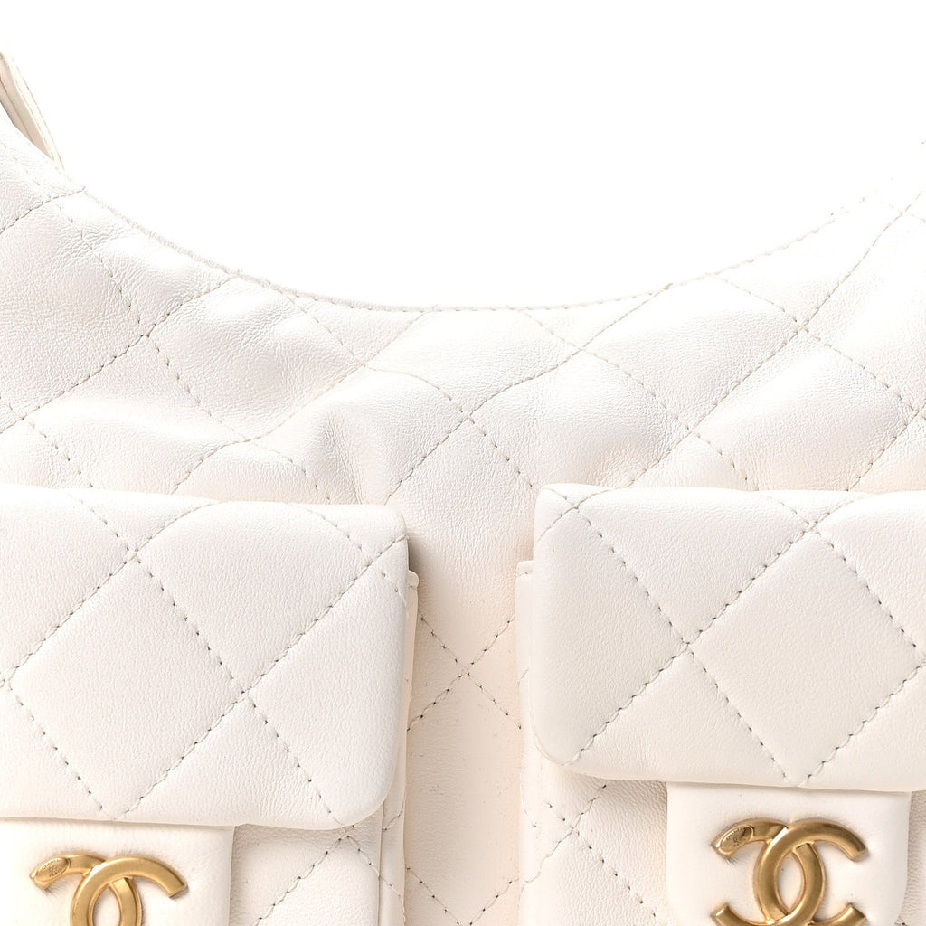Shiny Lambskin Quilted Trendy Pockets Hobo White