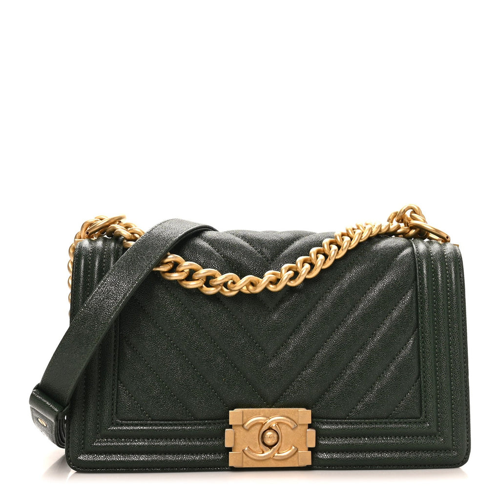 Caviar Chevron Quilted Medium Boy Flap Dark Green