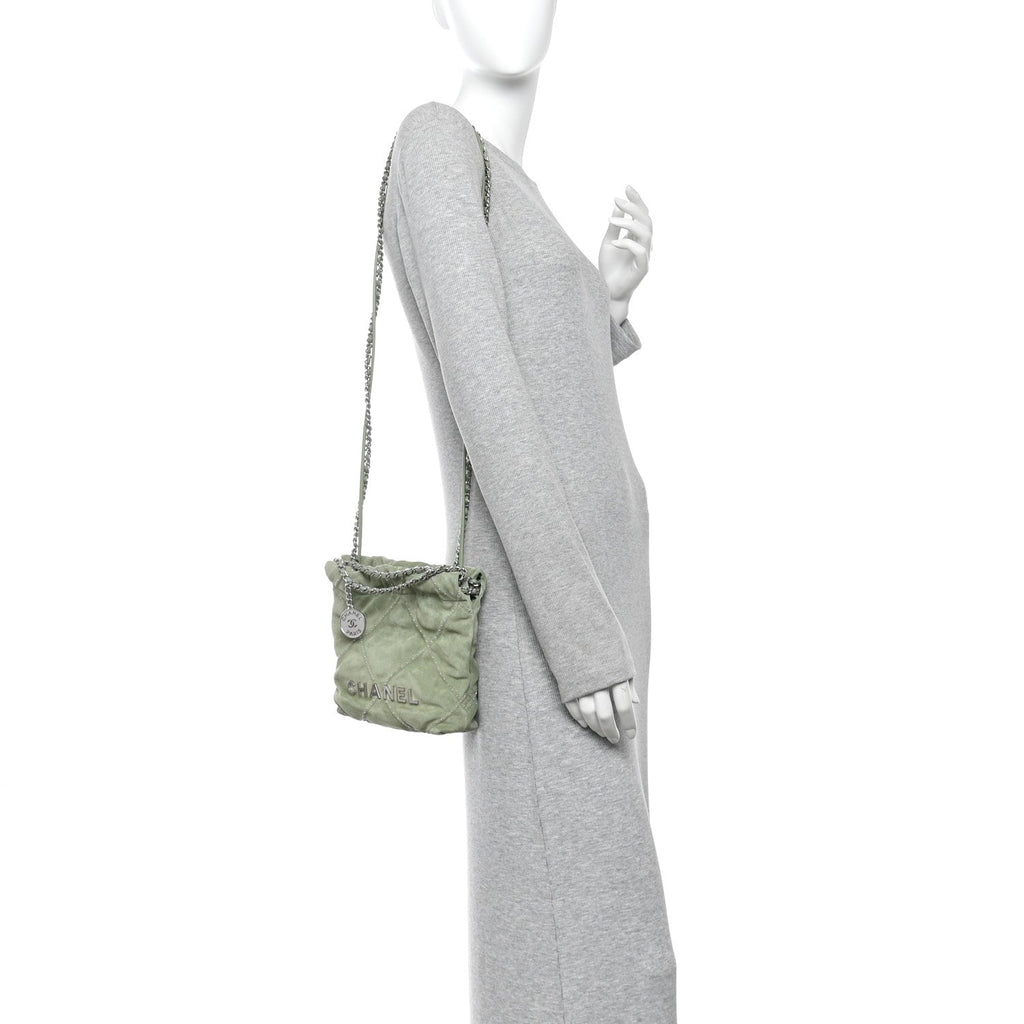 Suede Stitched Quilted Studded Mini Chanel 22 Light Green