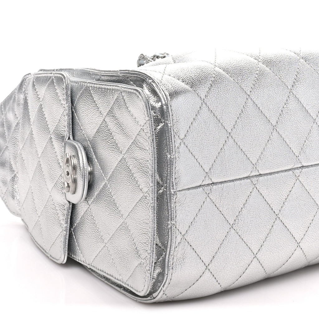 Metallic Caviar Quilted Small Chanel 25 Handbag Silver