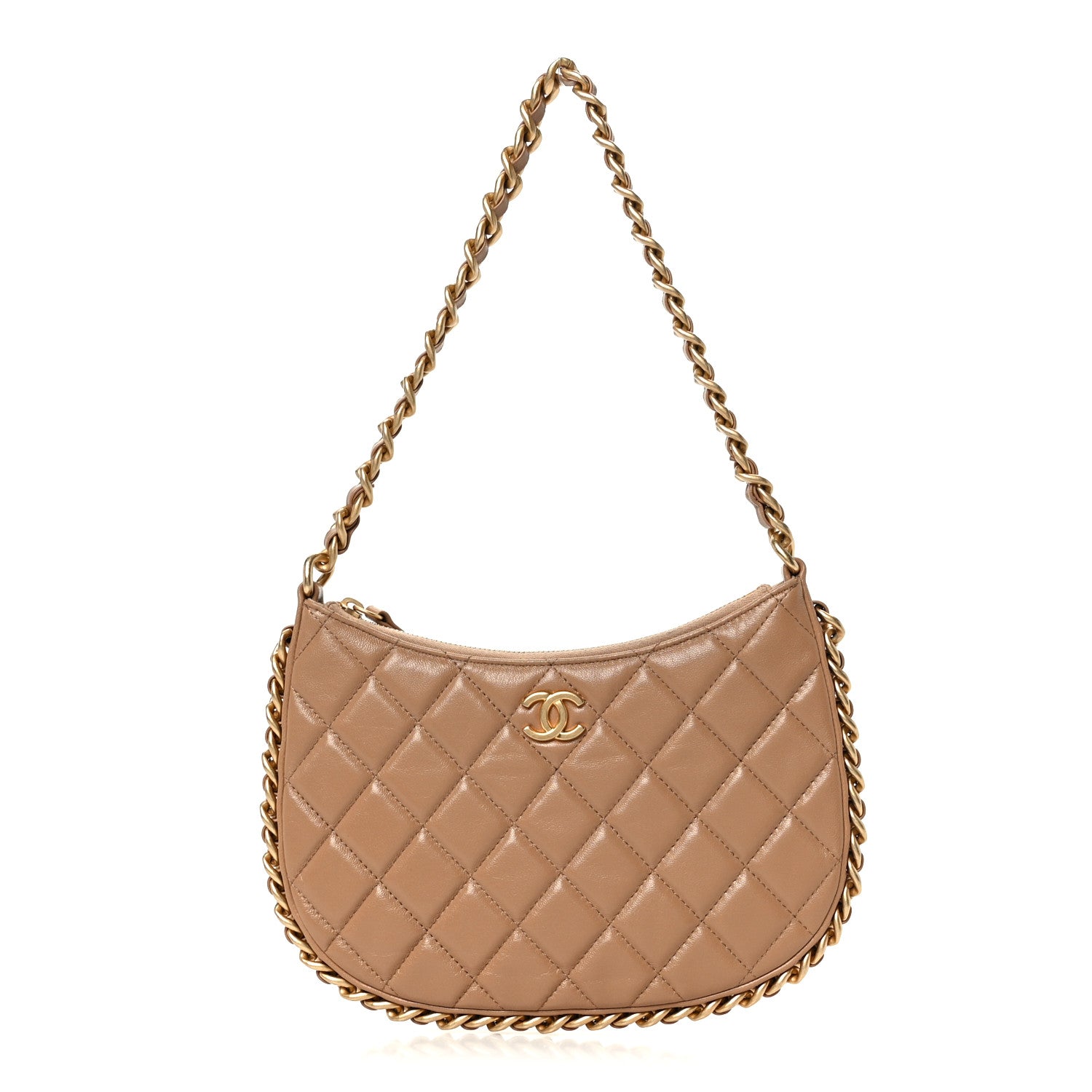 Shiny Crumpled Lambskin Quilted Trendy Chain Around Hobo Dark Beige