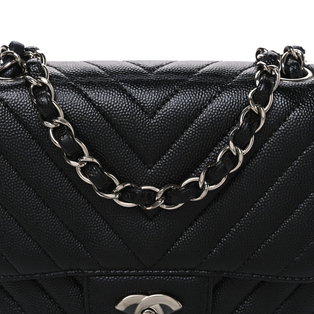 Caviar Chevron Quilted Mini Square Flap Black