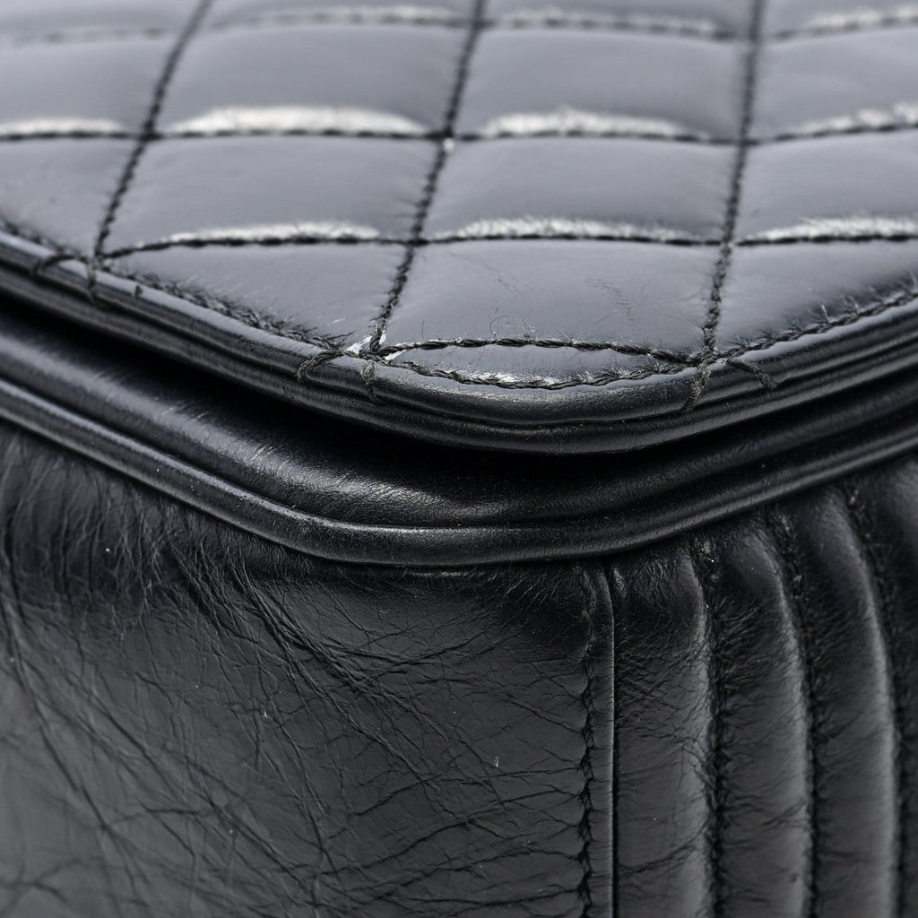 Glazed Calfskin Quilted Large Coco Boy Flap Black