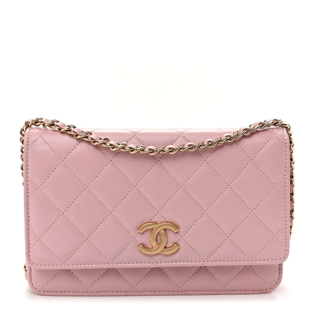 Caviar Quilted Studded CC Wallet on Chain WOC Light Pink