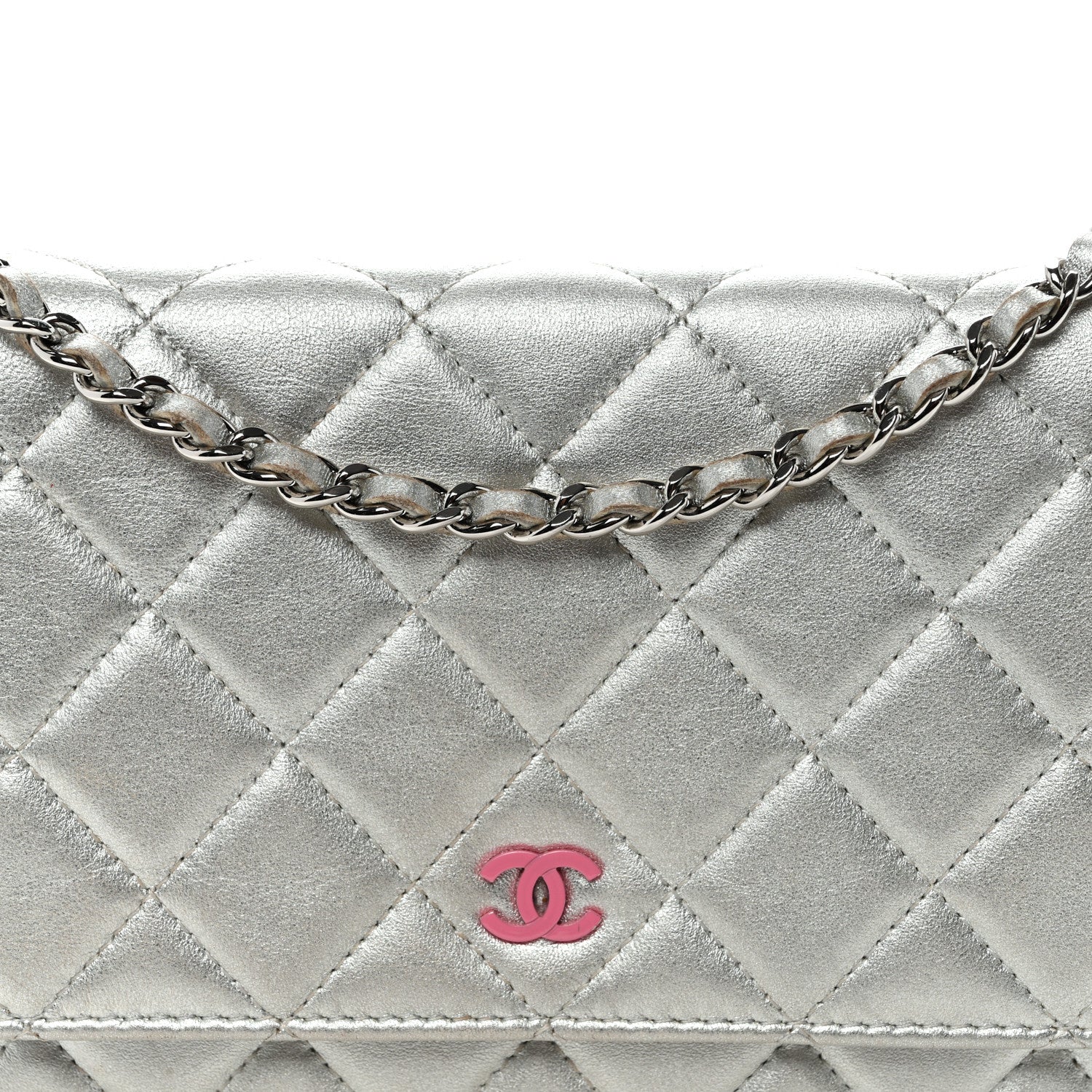 Metallic Lambskin Quilted Wallet On Chain WOC Silver