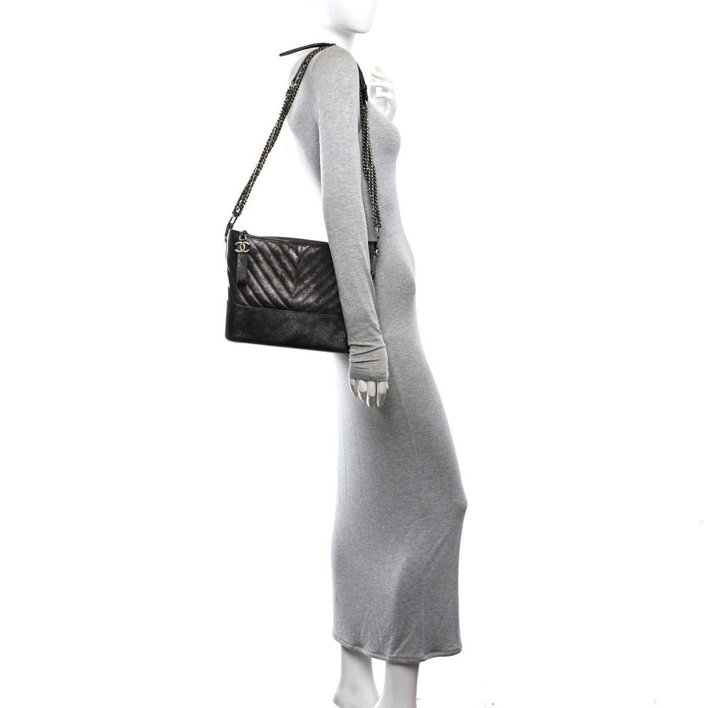 Metallic Caviar Chevron Quilted Medium Gabrielle Hobo Dark Silver Gold