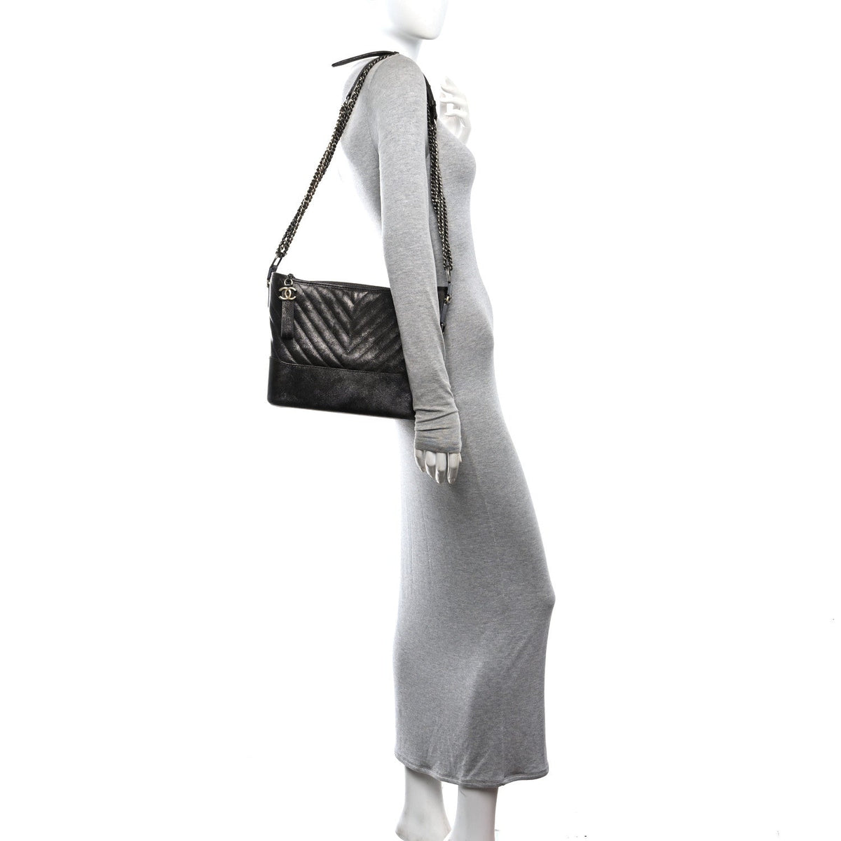 Metallic Caviar Chevron Quilted Medium Gabrielle Hobo Dark Silver Gold