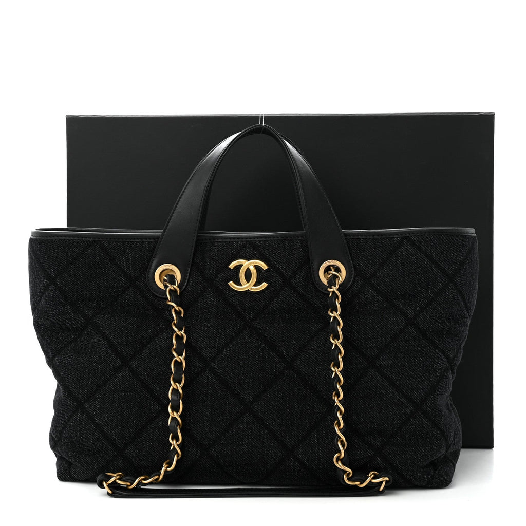 Denim Calfskin Quilted Small Deauville tote  Black