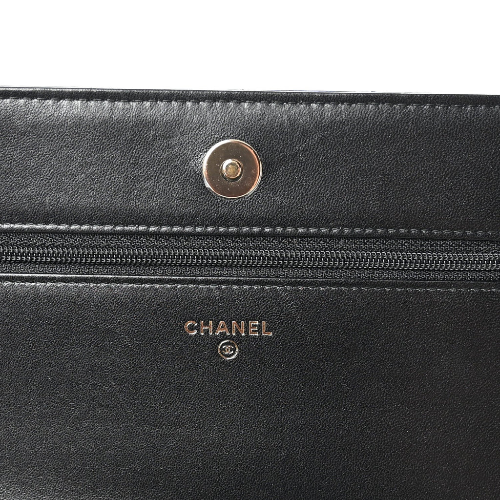Lambskin Quilted Enamel CC Wallet on Chain WOC Black