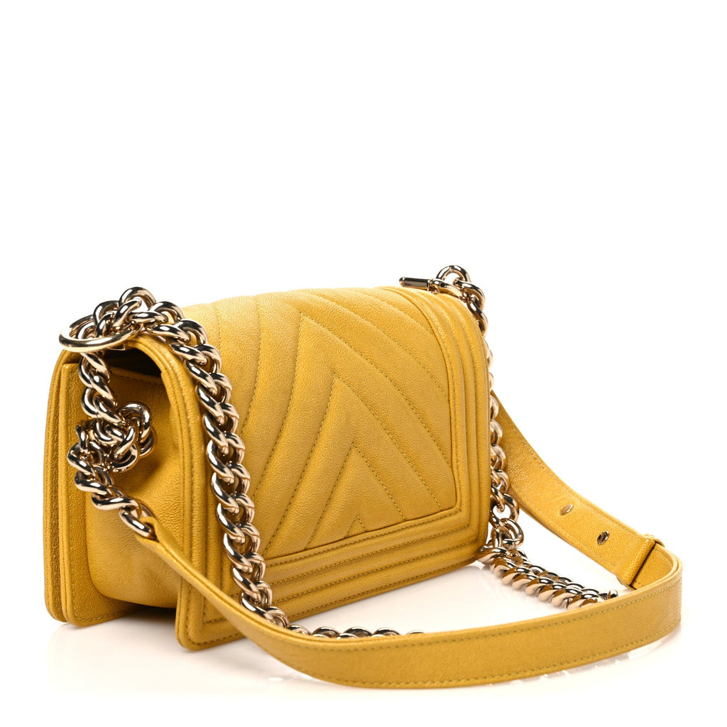 Caviar Chevron Quilted Small Boy Flap Yellow