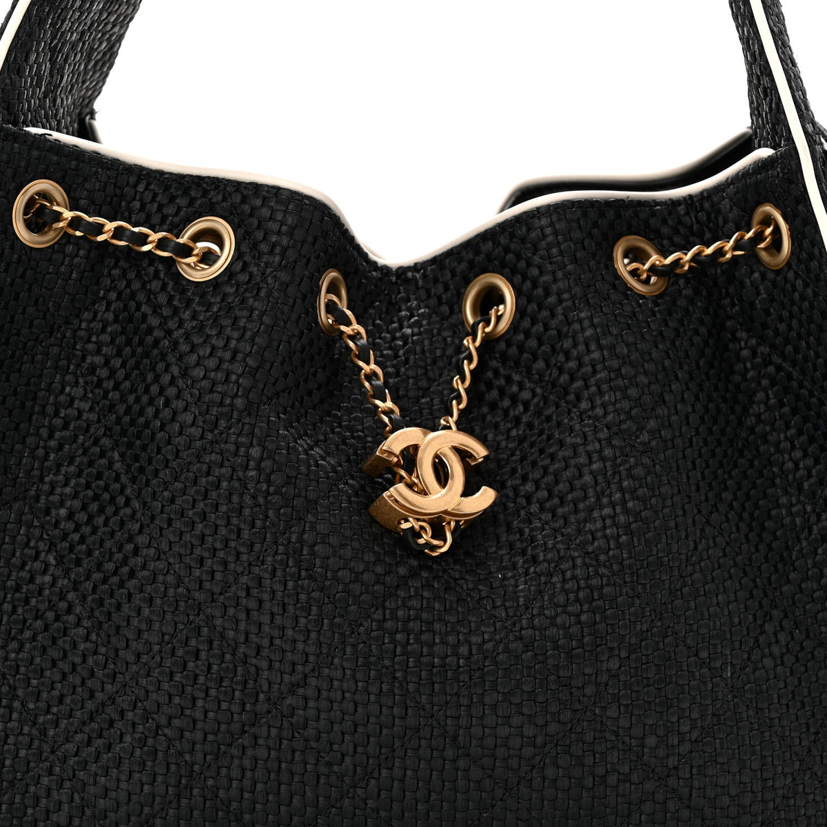 Braided Raffia Calfskin Small Chanel 25 Handbag Black White