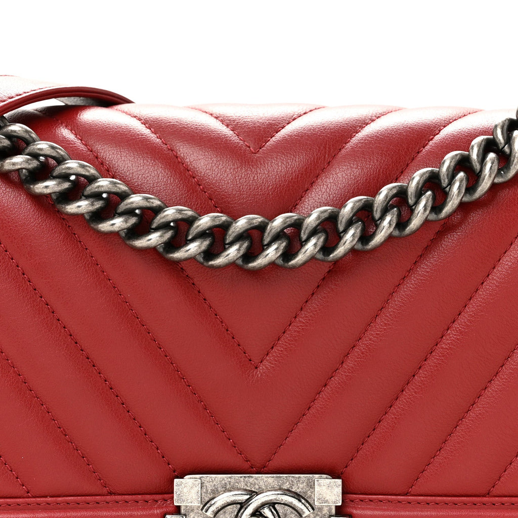 Calfskin Chevron Quilted Medium Boy Flap  Dark Red