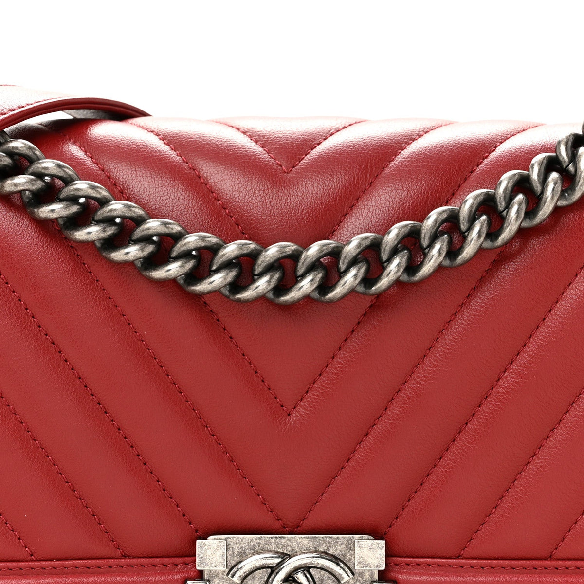 Calfskin Chevron Quilted Medium Boy Flap  Dark Red