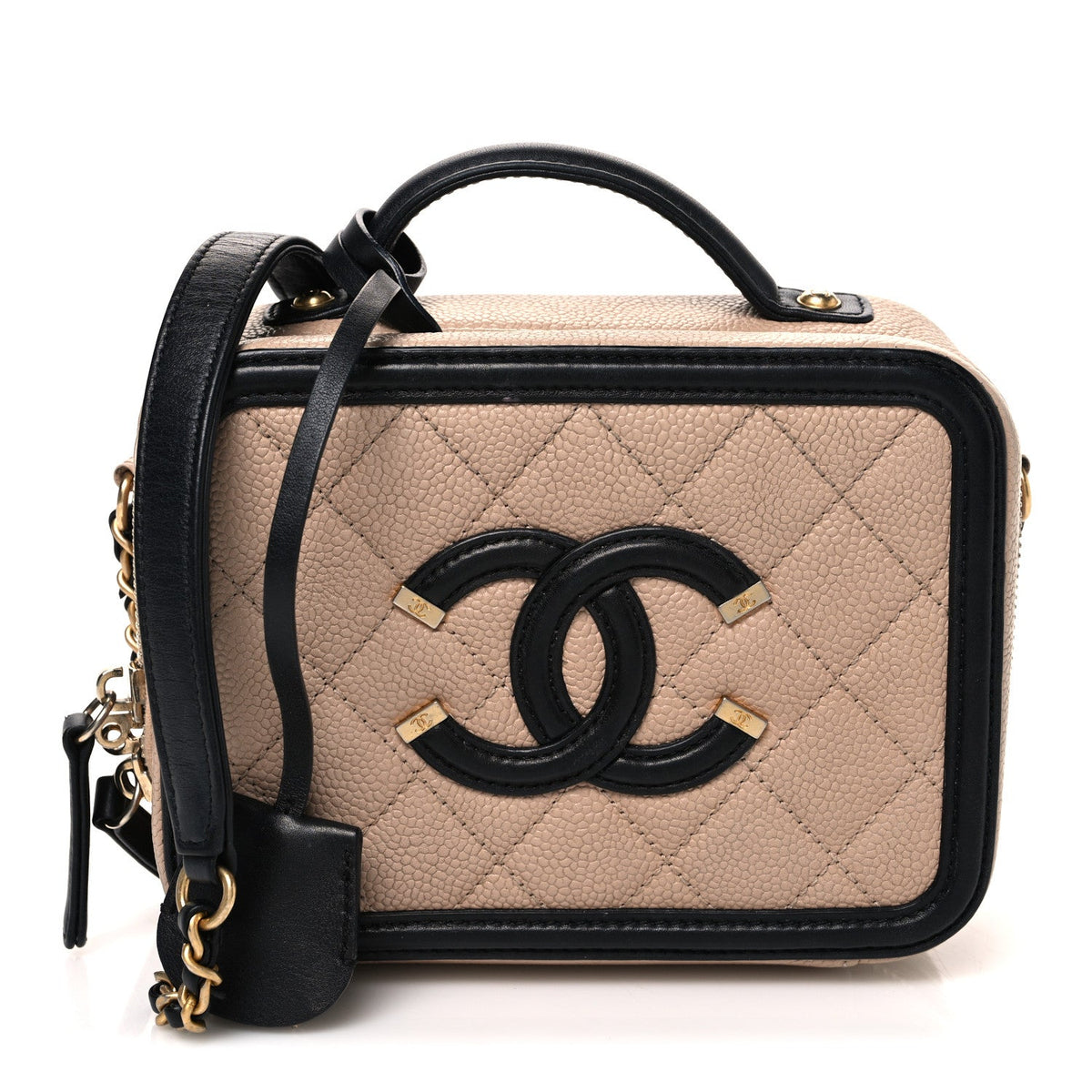 Caviar Quilted Small CC Filigree Vanity Case Beige Black