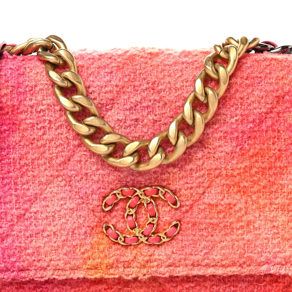 Wool Tweed Lambskin Quilted Chanel 19 Wallet On Chain WOC Coral Pink