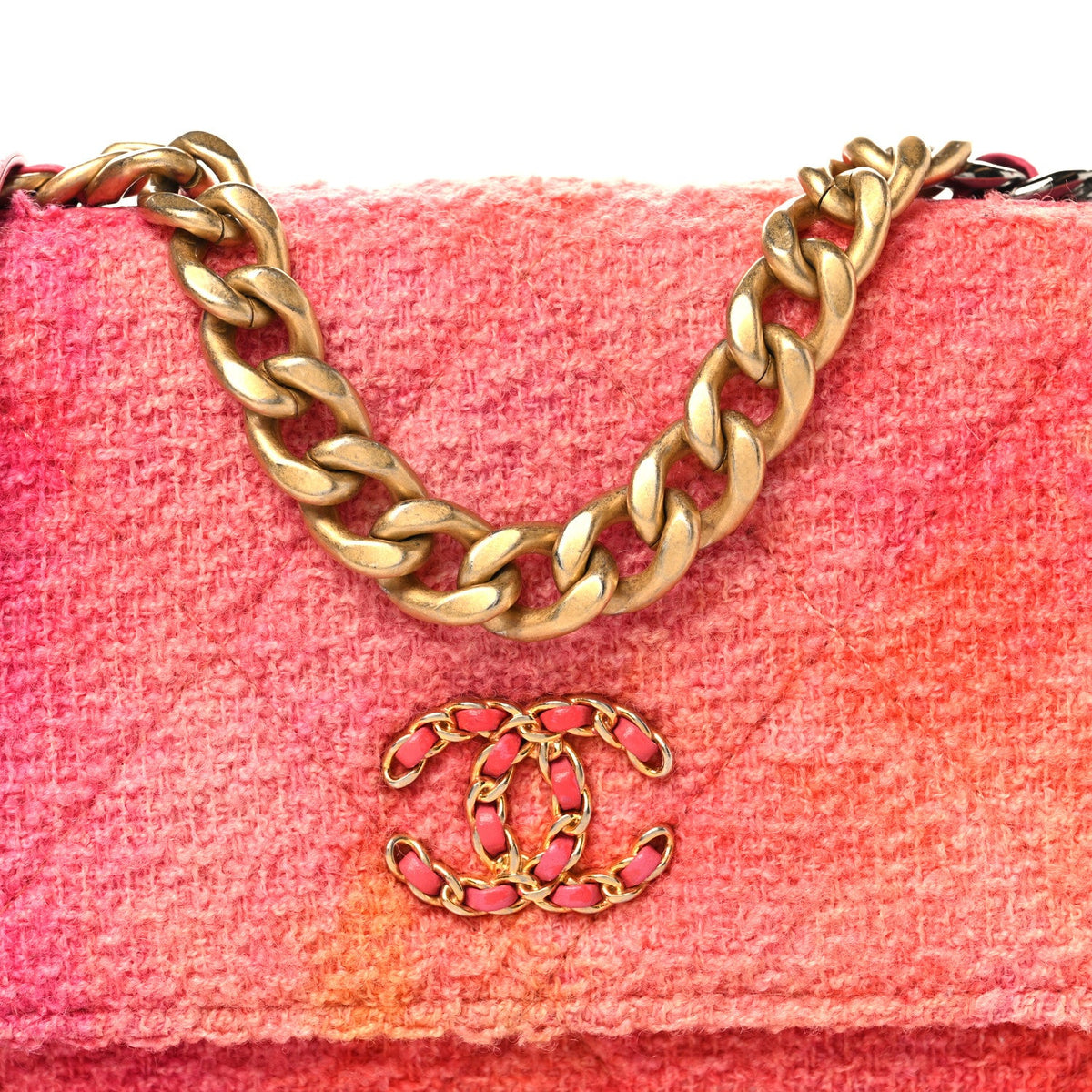 Wool Tweed Lambskin Quilted Chanel 19 Wallet On Chain WOC Coral Pink