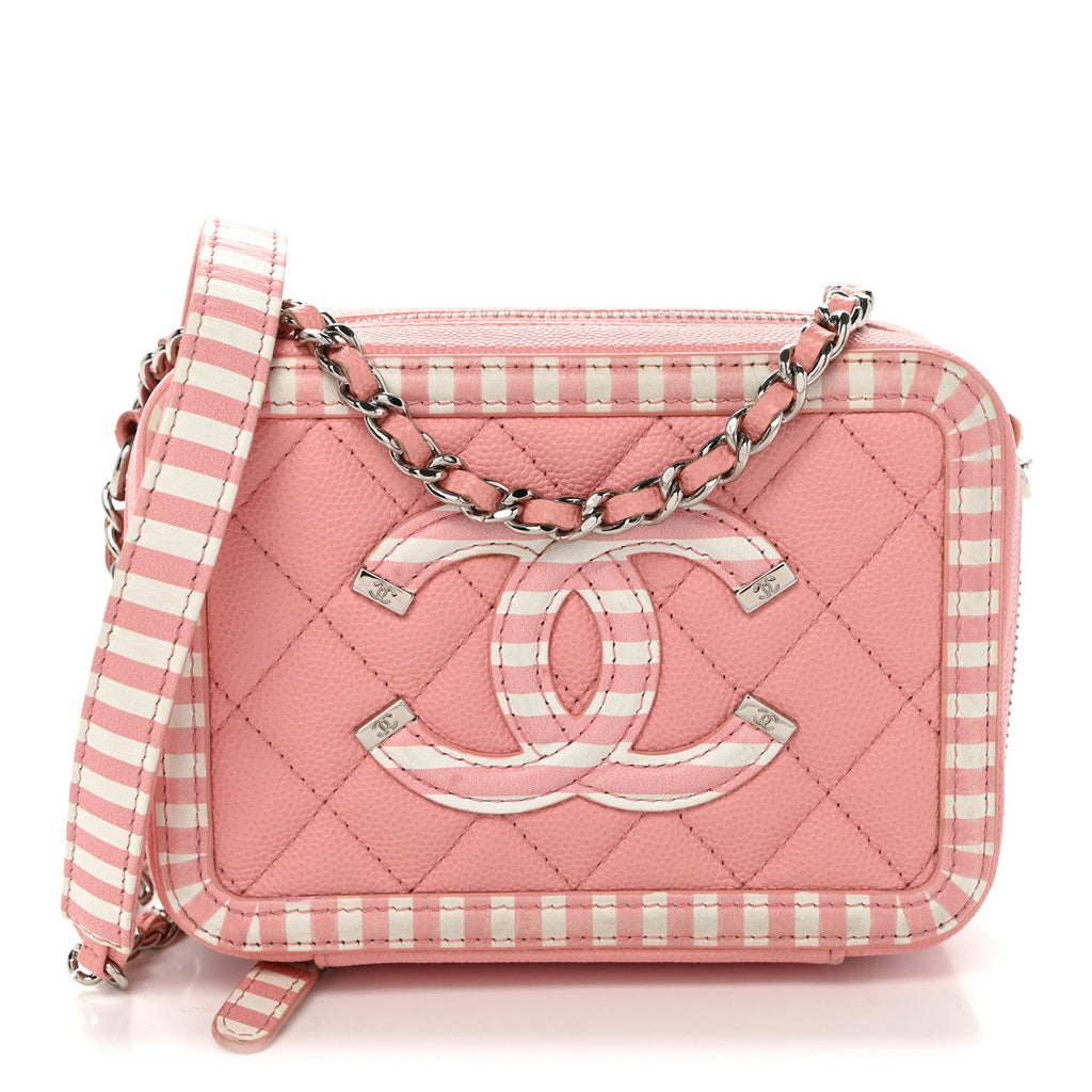 Caviar Quilted Striped CC Filigree Clutch With Chain Pink White
