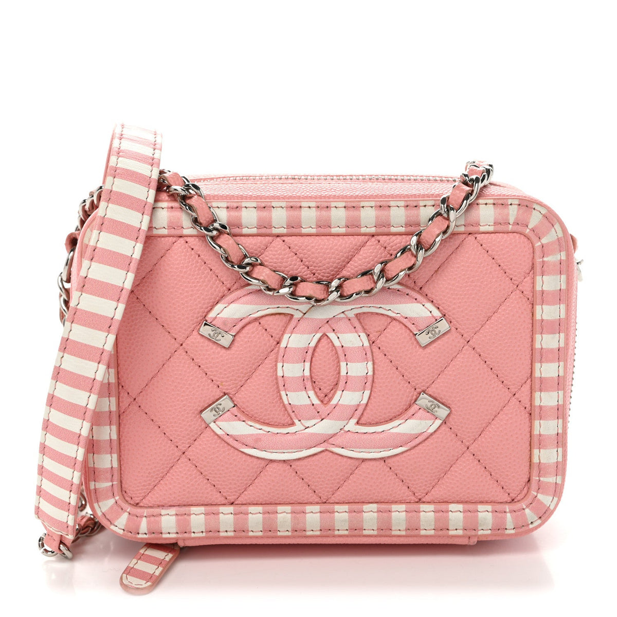 Caviar Quilted Striped CC Filigree Clutch With Chain Pink White