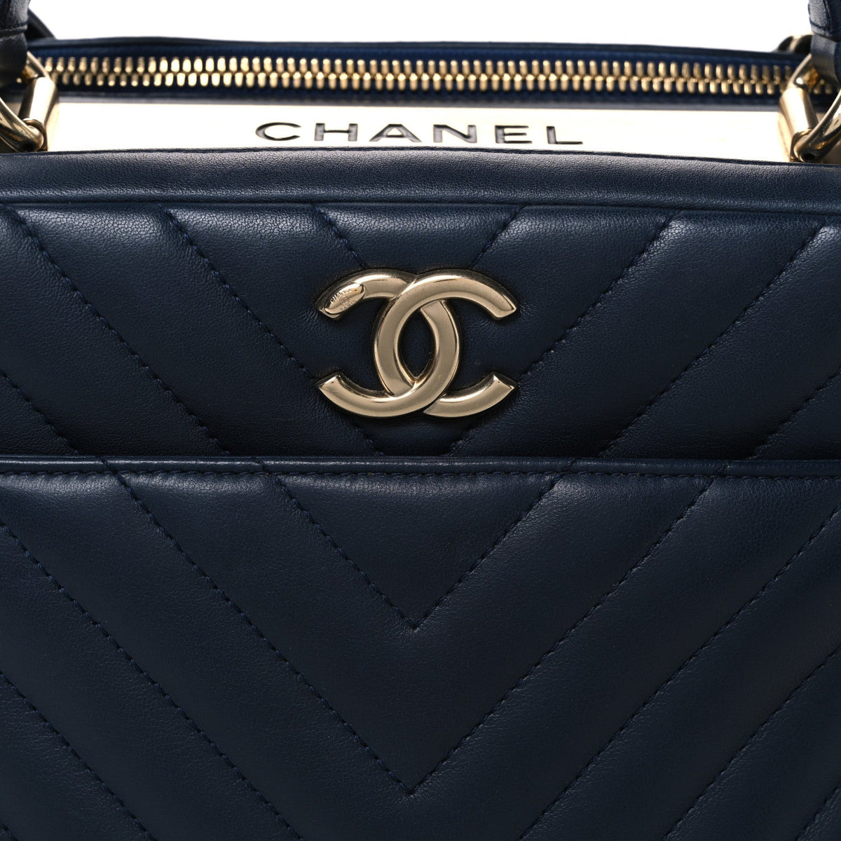 Lambskin Chevron Quilted Small Trendy CC Bowling Bag Navy Blue