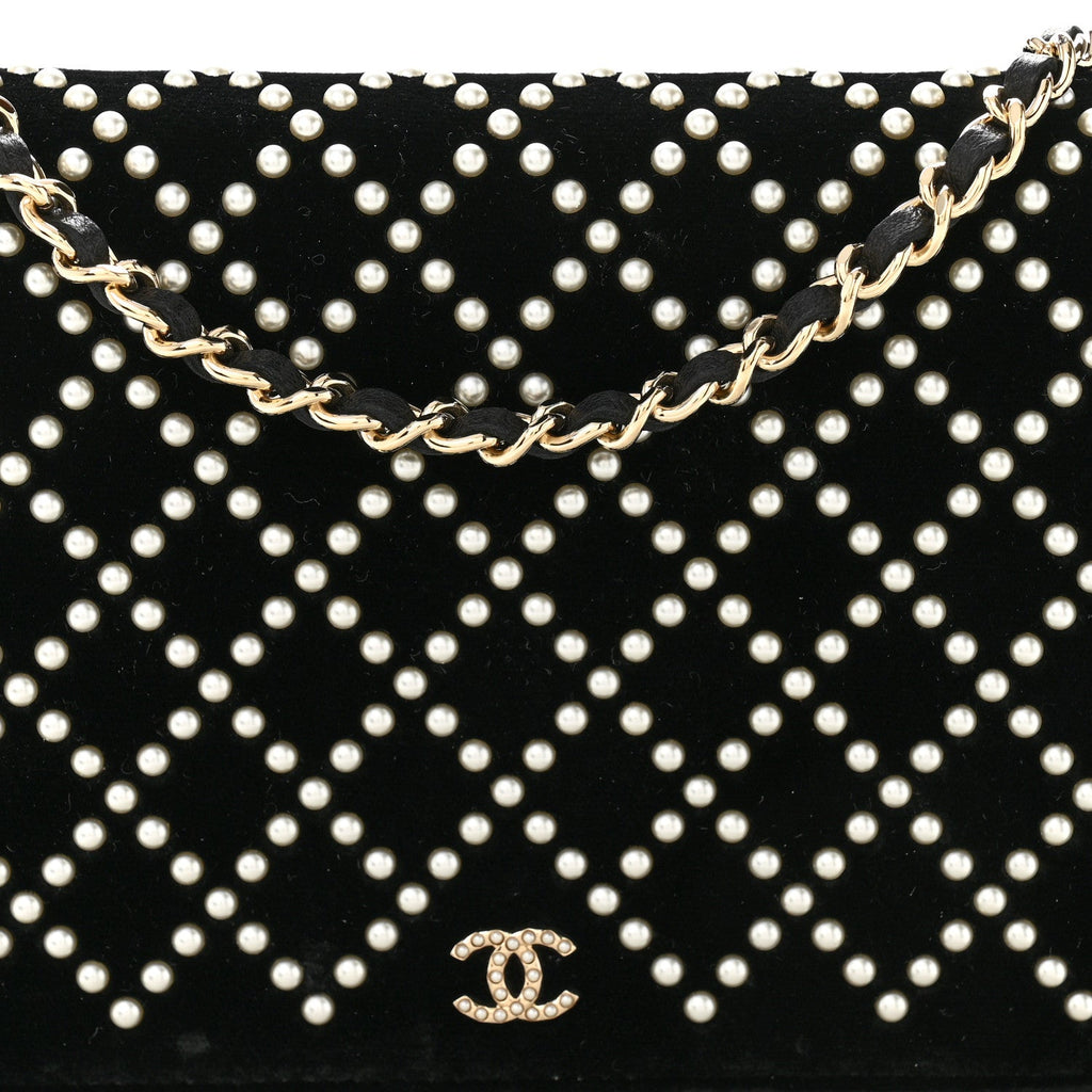 Velvet Pearl Diamond Embellished Wallet On Chain WOC Black