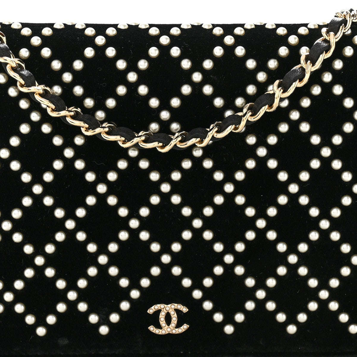 Velvet Pearl Diamond Embellished Wallet On Chain WOC Black