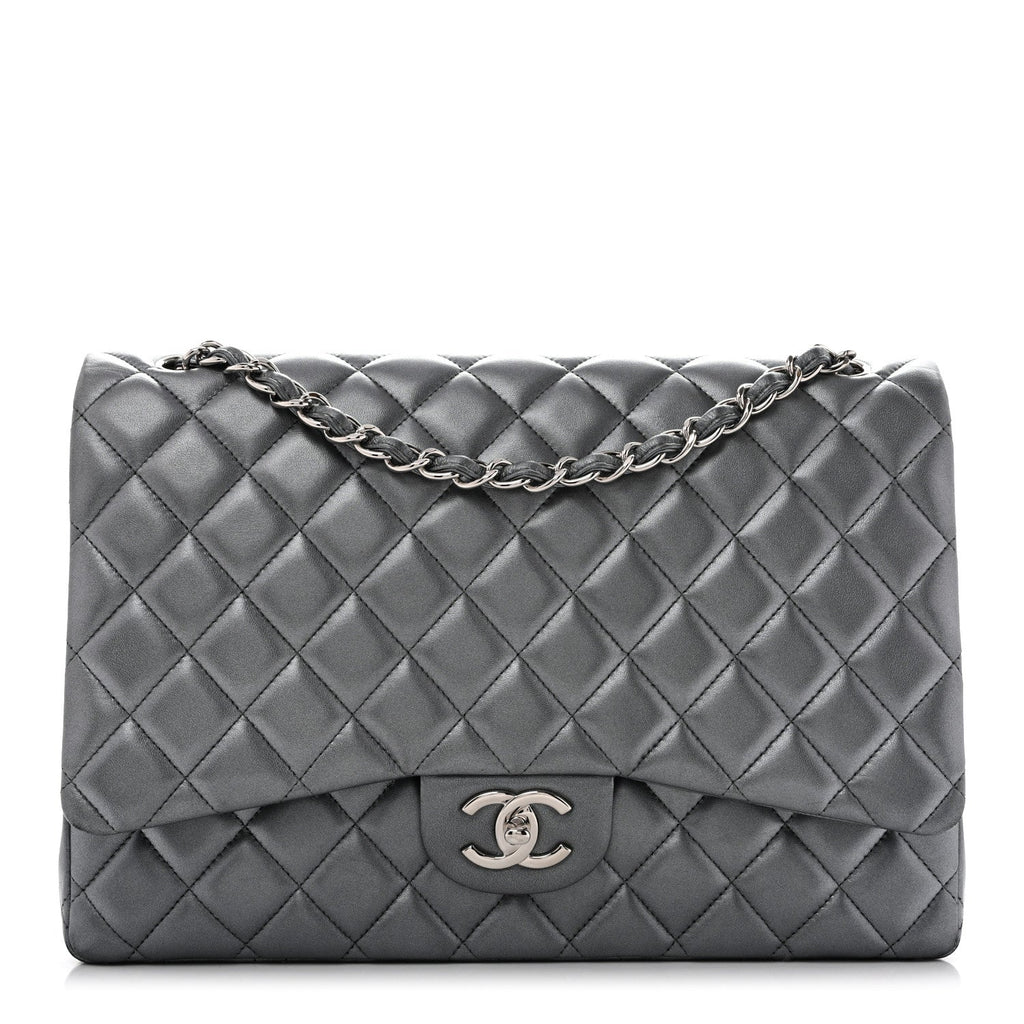Metallic Lambskin Quilted Maxi Double Flap Pewter