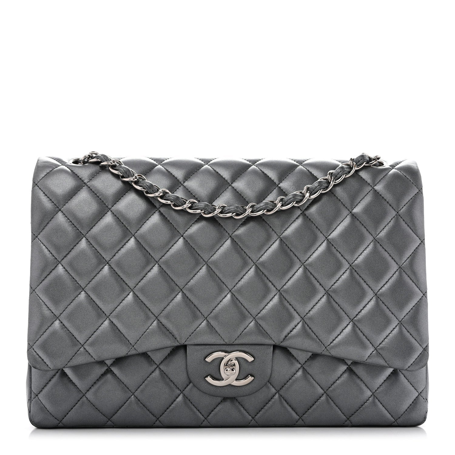 Metallic Lambskin Quilted Maxi Double Flap Pewter