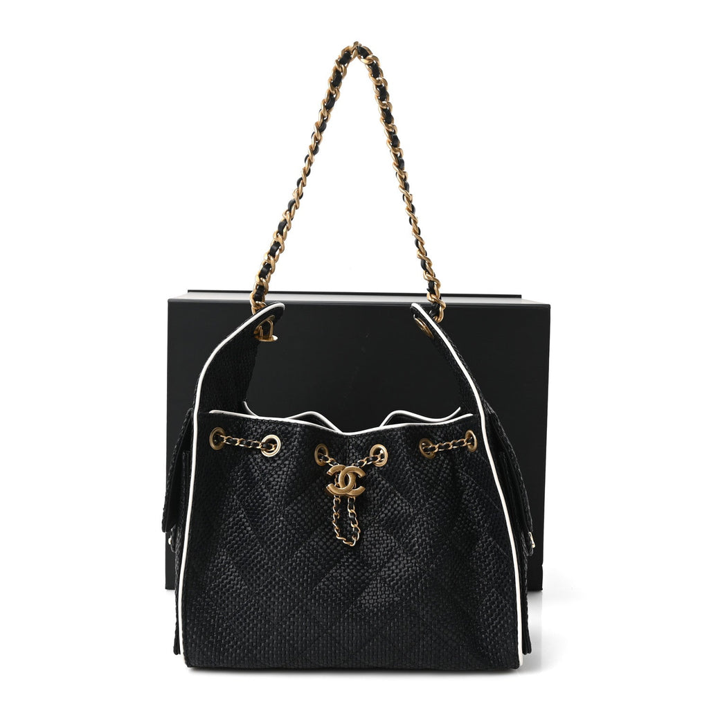 Braided Raffia Calfskin Quilted Small Chanel 25 Handbag Black White