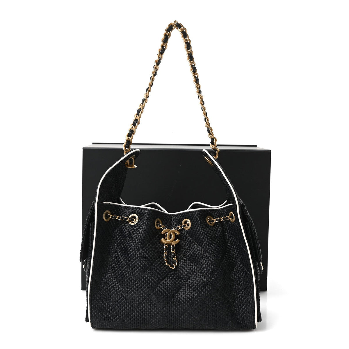 Braided Raffia Calfskin Quilted Small Chanel 25 Handbag Black White