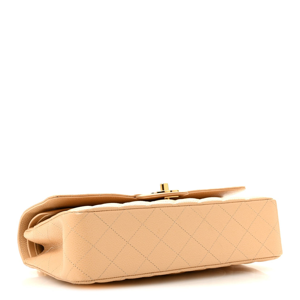 Caviar Quilted Medium Double Flap Beige