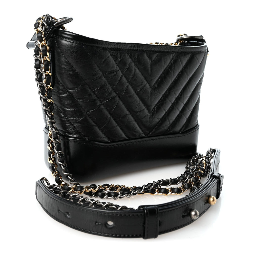 Aged Calfskin Chevron Quilted Small Gabrielle Hobo Black