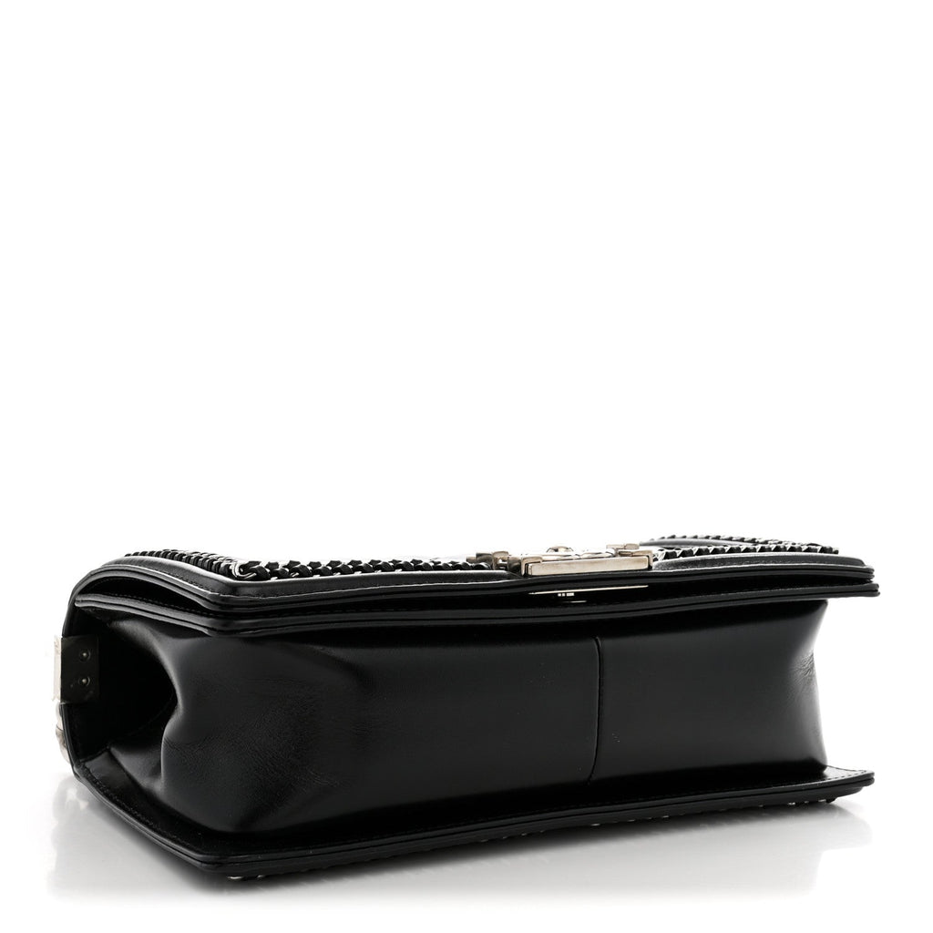 Glazed Calfskin Quilted Medium Chain Around Boy Flap Black