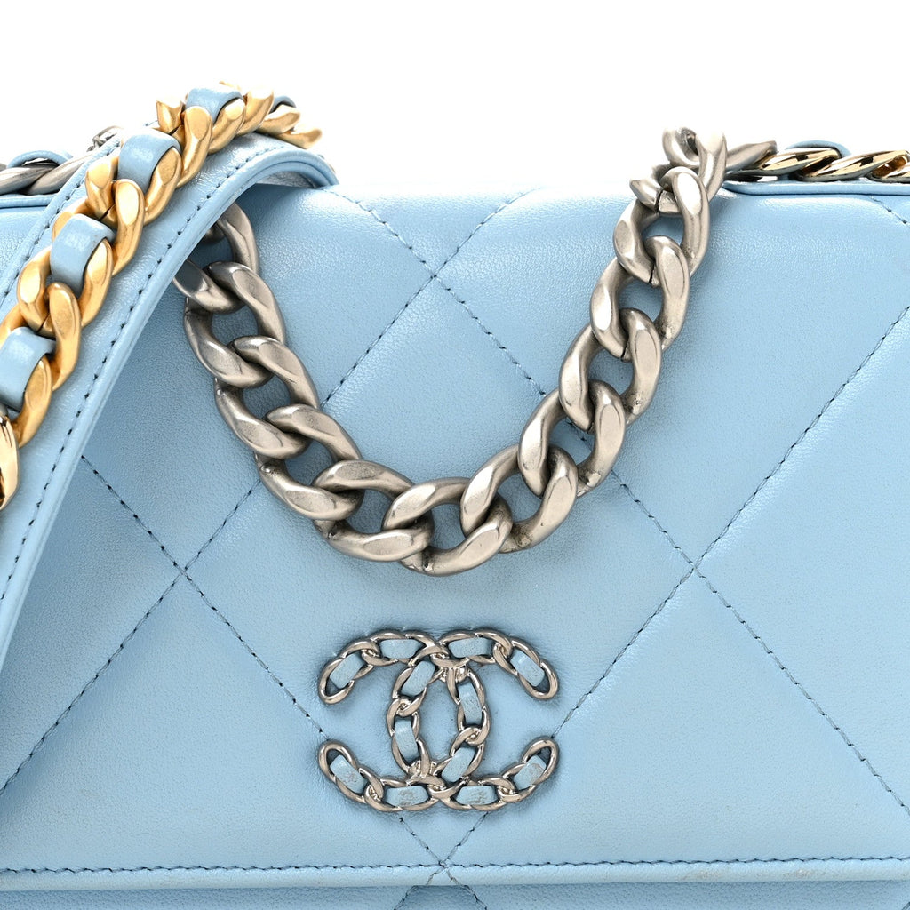 Lambskin Quilted Chanel 19 Wallet On Chain WOC Light Blue