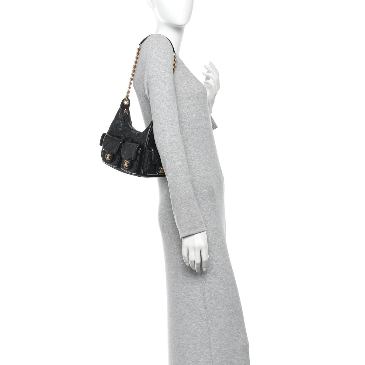 Shiny Lambskin Quilted Trendy Pockets Hobo Black
