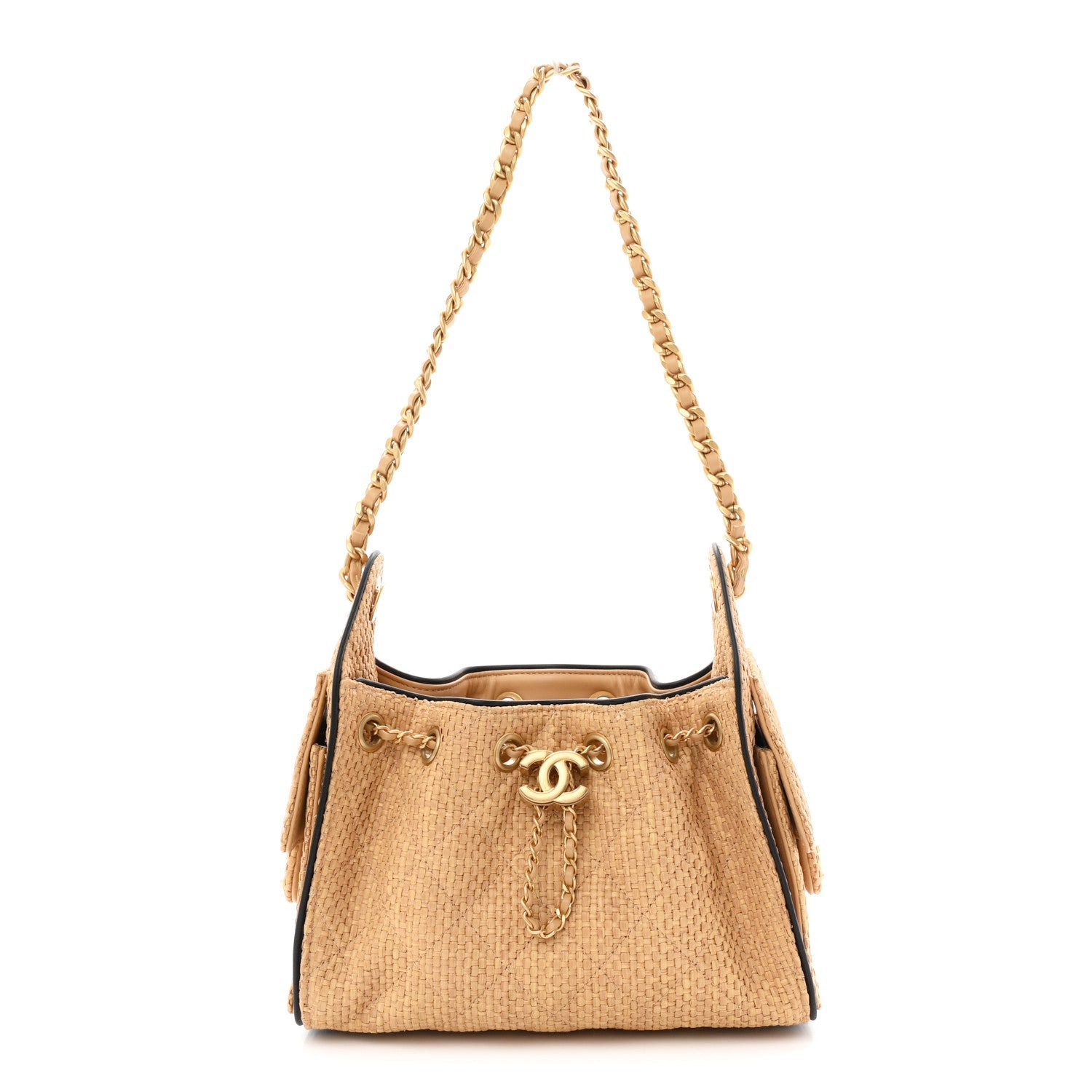 Braided Raffia Calfskin Quilted Mini Chanel 25 Handbag Beige Black