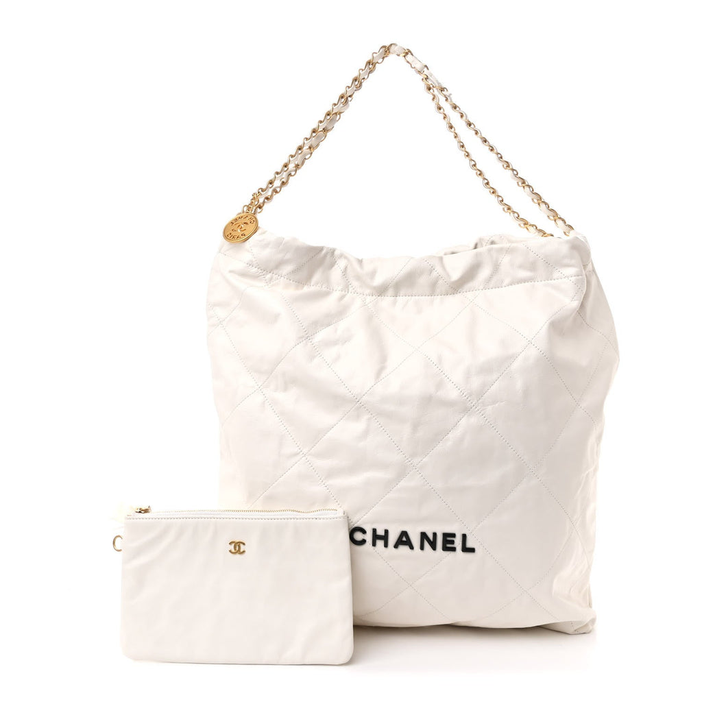 Shiny Calfskin Quilted Large Chanel 22 White Black