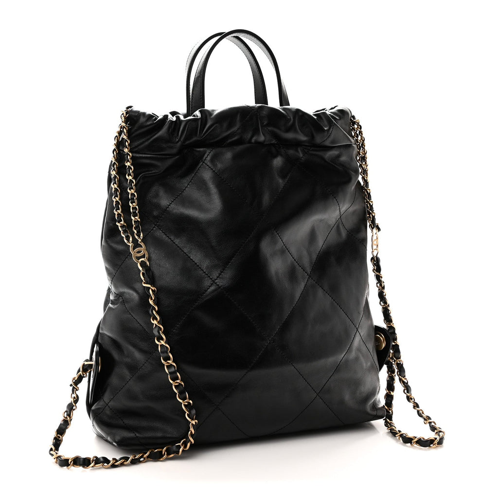 Shiny Calfskin Quilted Chanel 22 Backpack Black