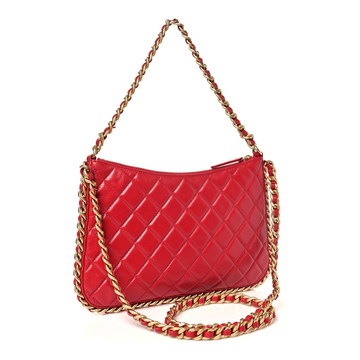 Shiny Crumpled Lambskin Quilted Large Trendy Chain Around Hobo Red