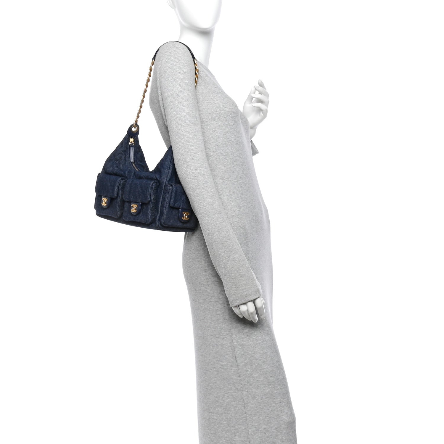 Washed Denim Quilted Maxi Trendy Pockets Hobo Dark Blue