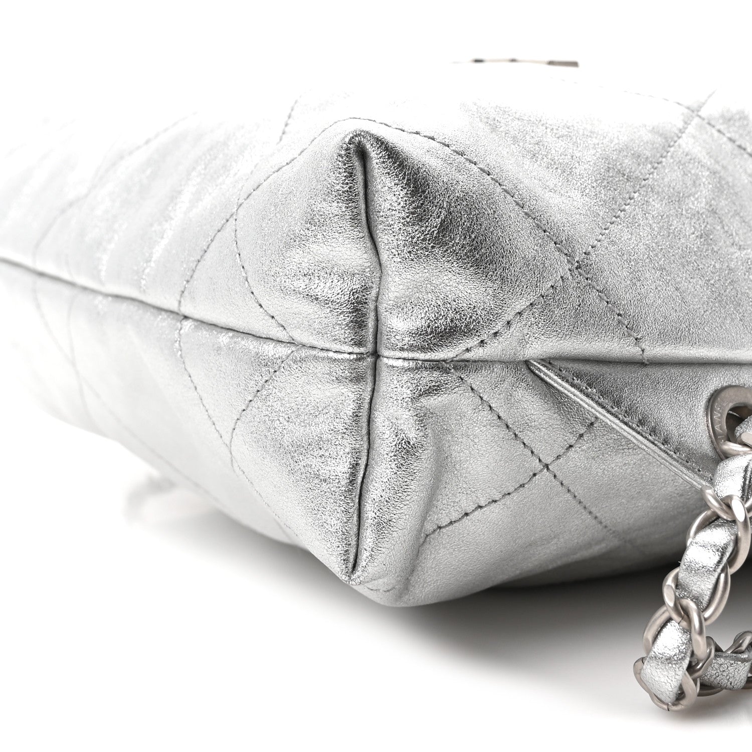Metallic Calfskin Quilted Chanel 22 Backpack Silver