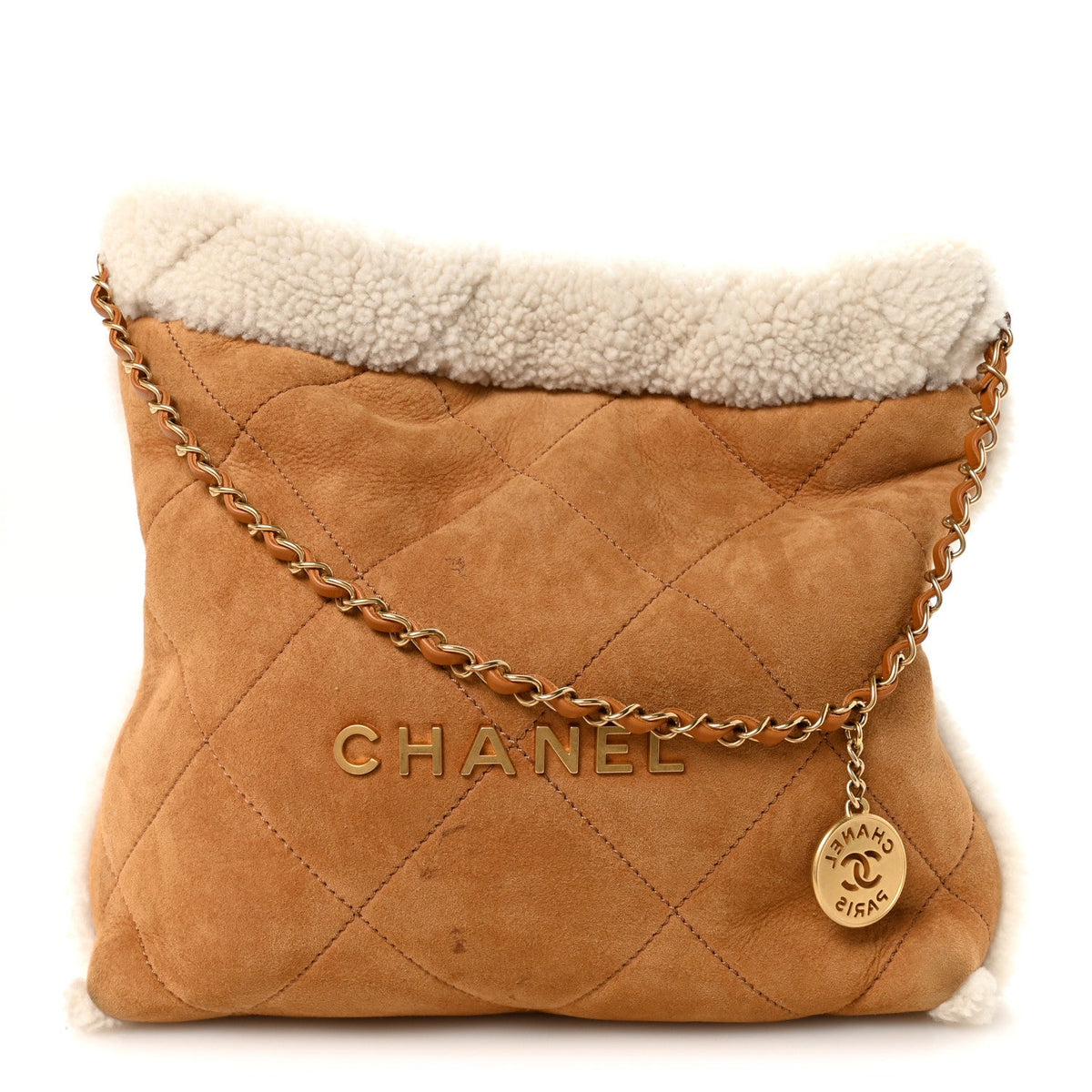 Suede Shearling Quilted Small Chanel 22 Brown White