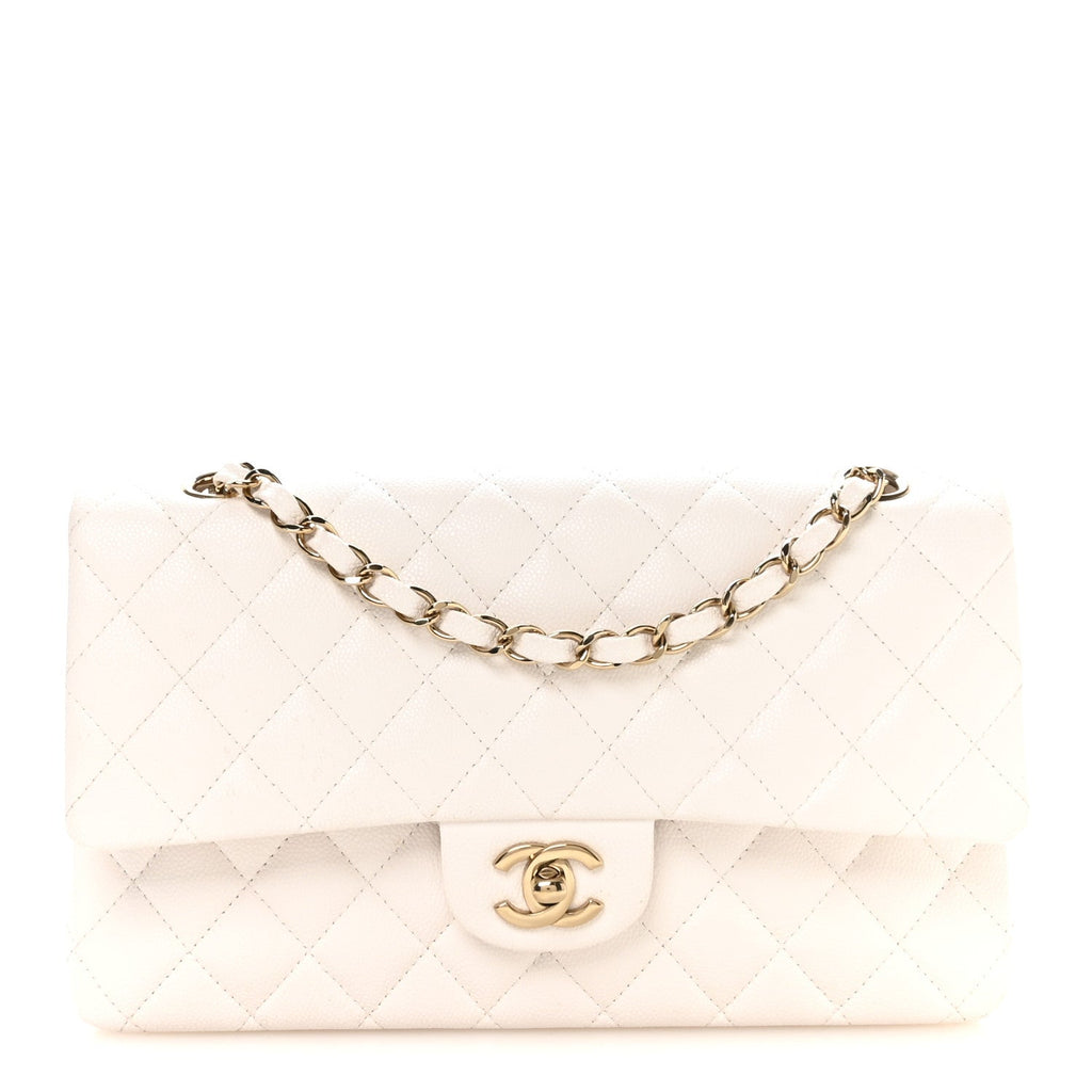 Caviar Quilted Medium Double Flap White