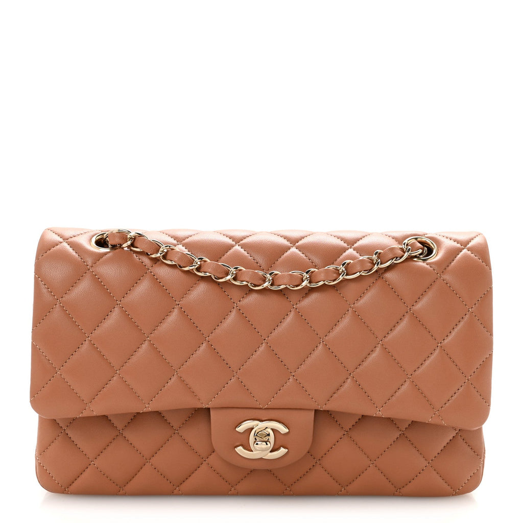 Lambskin Quilted Medium Double Flap Brown