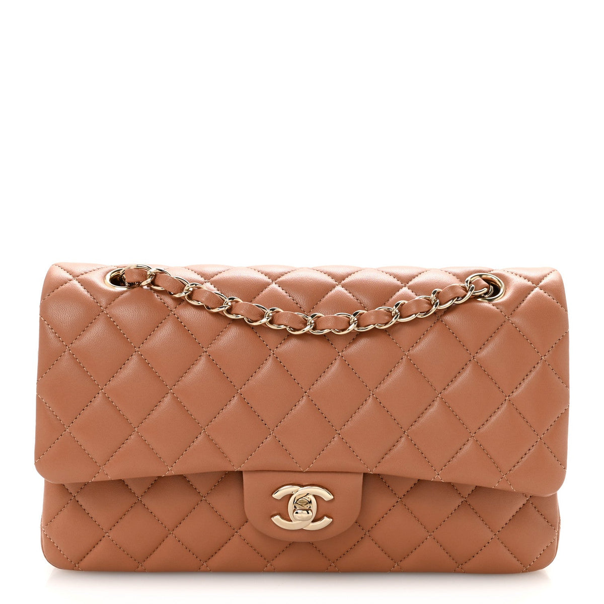Lambskin Quilted Medium Double Flap Brown