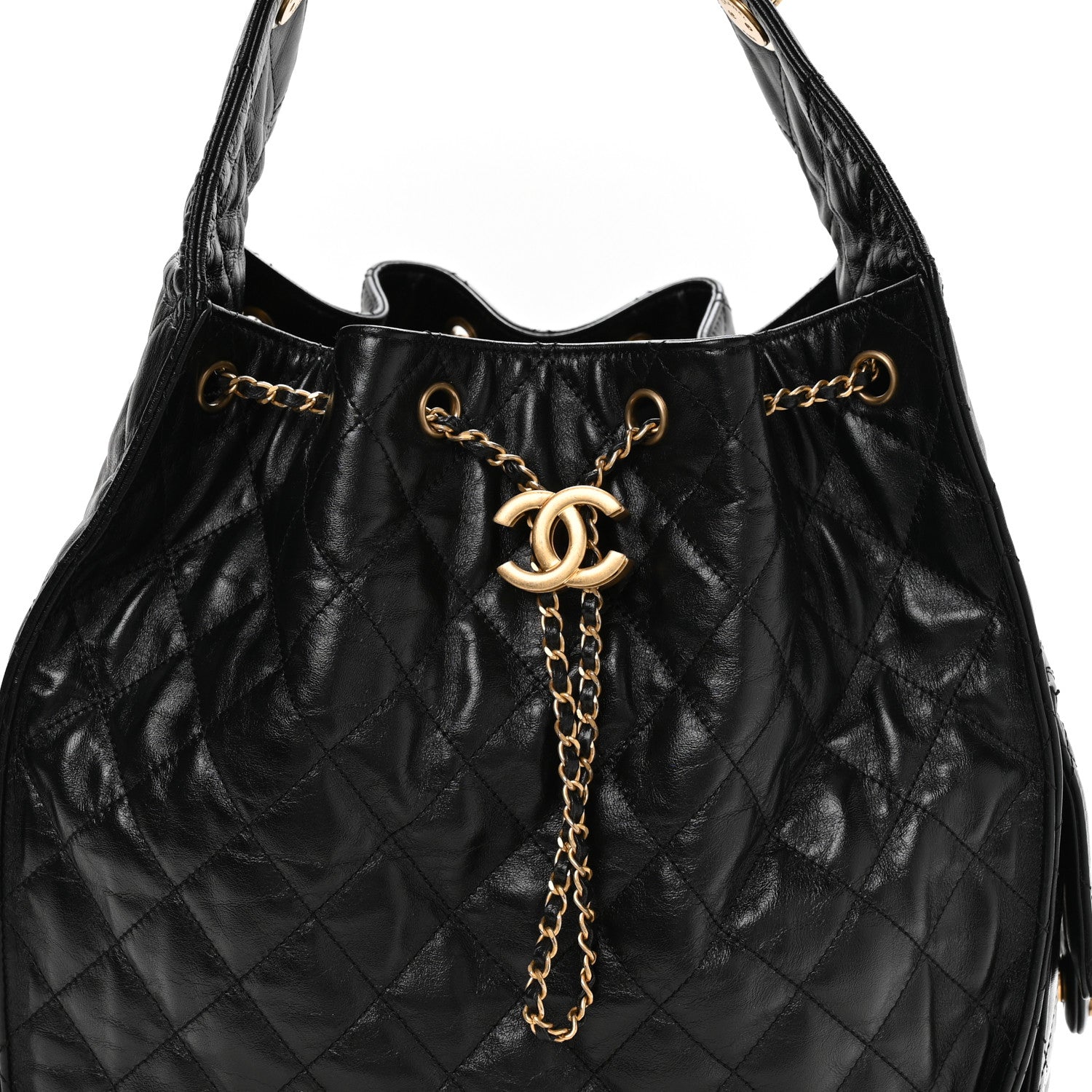 Shiny Crumpled Calfskin Quilted Medium Chanel 25 Handbag Black