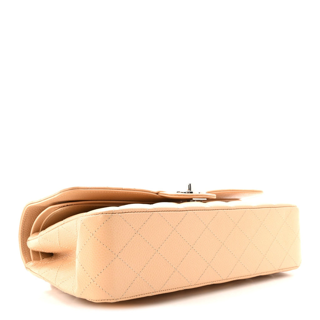 Caviar Quilted Medium Double Flap Beige